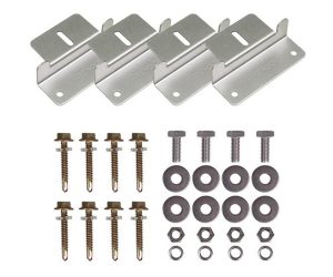 A set of metal brackets with corresponding screws, washers, and nuts for assembly or installation purposes.