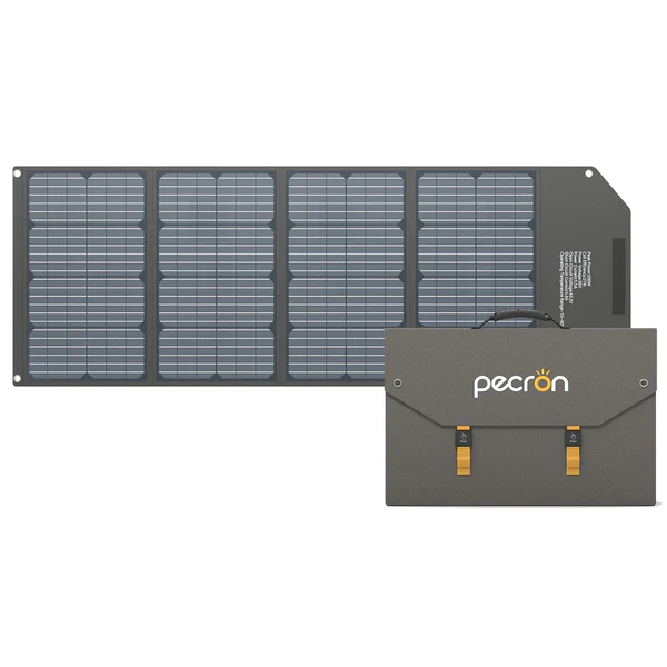 Portable solar panel unfolded next to its carrying case.