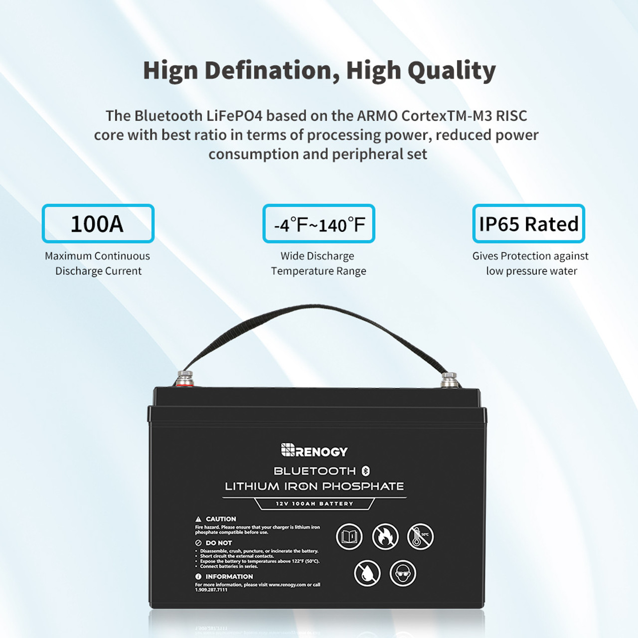 12V 100AH Smart Lithium Iron Phosphate Battery w/ Bluetooth
