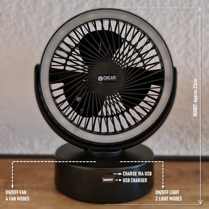 A black fan on a stand with measurements.