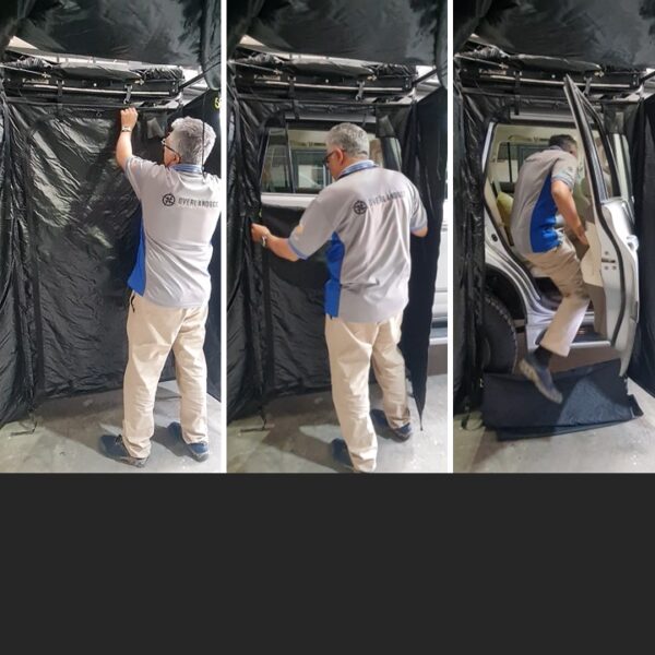 A man is shown in three stages of entering a vehicle simulation setup, from standing outside to stepping inside.