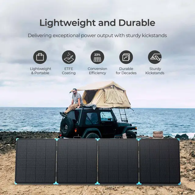 02__02714.jpg A person on a Jeep with a rooftop tent is surrounded by 400W Portable Solar Panels, featuring lightweight ETFE-coated multi-panels with 23% efficiency and built for decades of durability, supported by sturdy kickstands on rocky terrain.