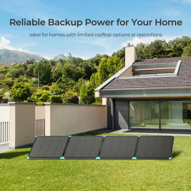 05_321__21984.jpg A modern house with large windows and a slanted roof is set among greenery and hills. Four portable solar panels, including the 400W Portable Solar Panel, are on the lawn. The text reads: Reliable Backup Power for Your Home.