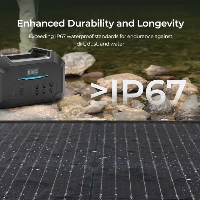 06__20338.jpg A 400W Portable Solar Panel rests on rocks by the river, illustrating its Enhanced Durability and Longevity with waterproofing above IP67. Water droplets shimmer on the robust power station in the foreground.