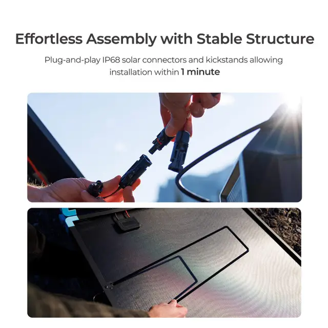 07__94607.jpg The top image shows hands joining plug-and-play connectors, and the bottom displays a person setting up a 400W Portable Solar Panel with a kickstand. Text: Effortless Assembly with Stable Structure, highlights quick and easy installation.