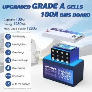 Promotional graphic for the 100Ah Lifepo4 Battery, offering self-heating, tolerance for low/high temperatures, and safeguards against overcharge, over-discharge, over-current, short circuits, plus auto-cell balancing. Max load power is 1280W.