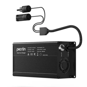 Black Pecron 500W Fast Car Charger with input/output voltage details features a cooling fan, power switch, and two connector cables. The body includes multiple labels and certifications.