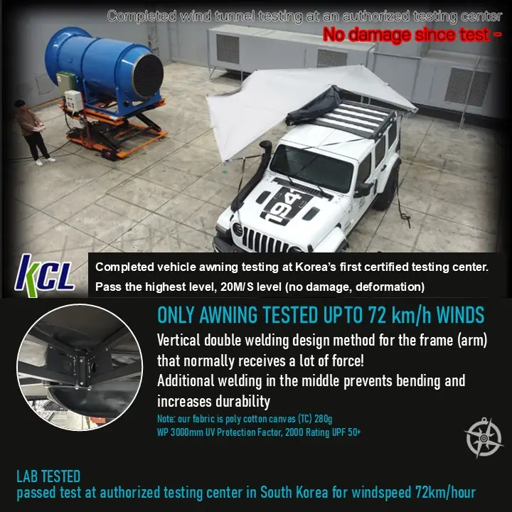 Slide2-3.jpg A 270 Double Hinge Awning 2.0m is tested on a white SUV in a South Korean wind tunnel, showcasing its durability by withstanding winds up to 72 km/h. Built for rugged adventures, it features vertical double welding and reinforced frames.