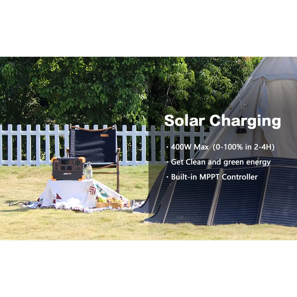 Slide3-2.jpg The E600 LFP portable power station and solar panel are set up on grass near a teepee tent and picket fence, alongside a chair and blanket with items. Text reads: Solar Charging, 400W Max, Get Clean and Green Energy, Built-in MPPT Controller.
