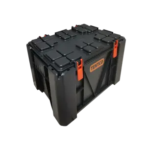 The Ammo Box Low Lid is a large black plastic storage box featuring a sturdy design, orange latches, and the TENTCO logo on the side, shown against a plain white background.