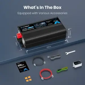 A PSW Inverter 2000W in black, with cables, fuses, connectors, user manual, and a wrench are displayed on a blue surface. Above is the text “What's In The Box: Equipped with Various Accessories” along with product dimensions.