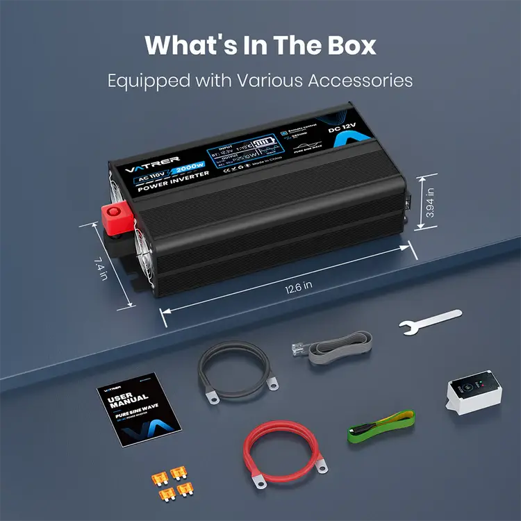 vatrer-2000W-inverter7 A PSW Inverter 2000W in black, with cables, fuses, connectors, user manual, and a wrench are displayed on a blue surface. Above is the text “What's In The Box: Equipped with Various Accessories” along with product dimensions.