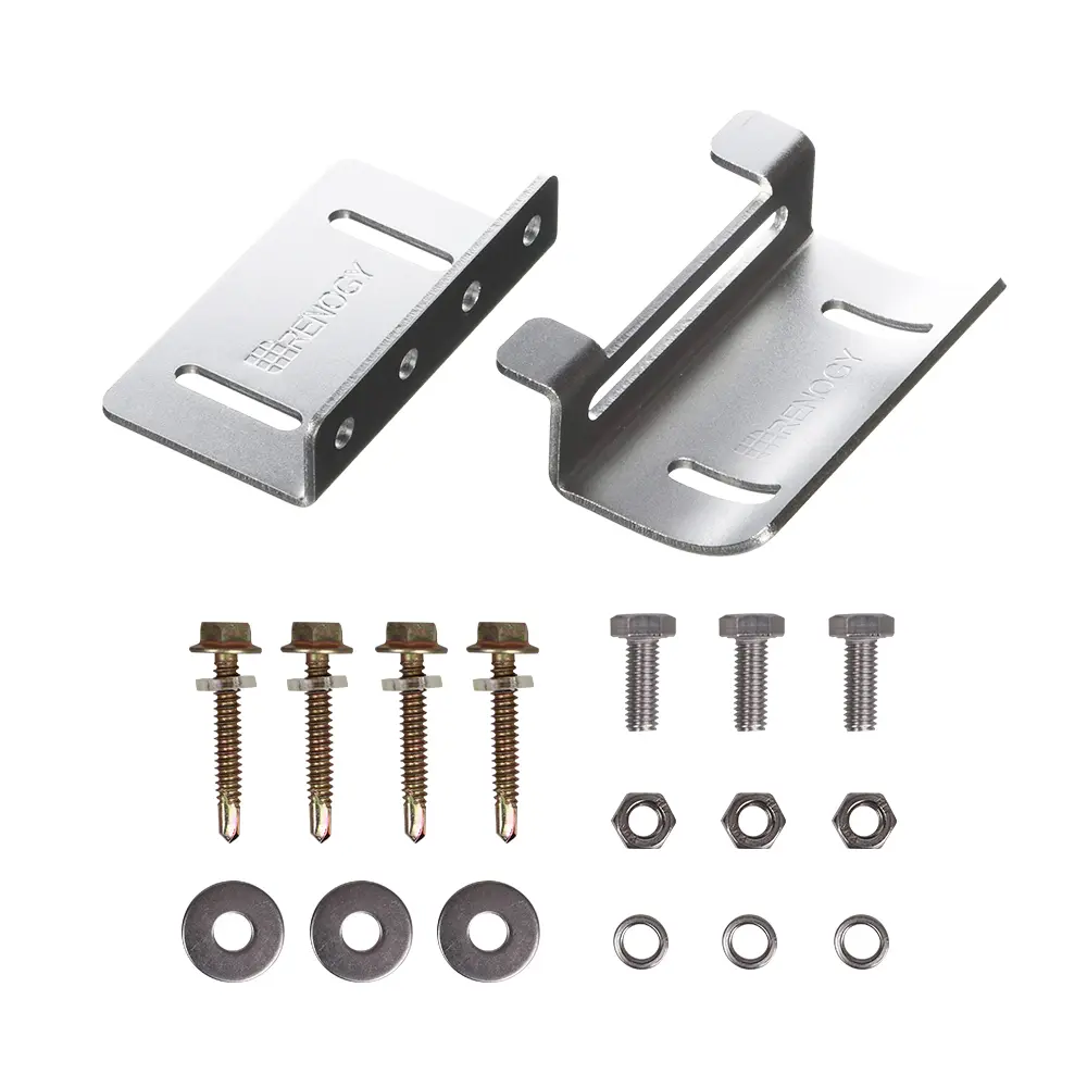 主图_01.jpg The Solar Panel Mounting Z Bracket Set of 4 includes two brackets with angled edges, mounting holes, and attachment slots. Also included are four screws with washers and nuts, plus three additional bolts with nuts. The screws and bolts are neatly arranged below the brackets.