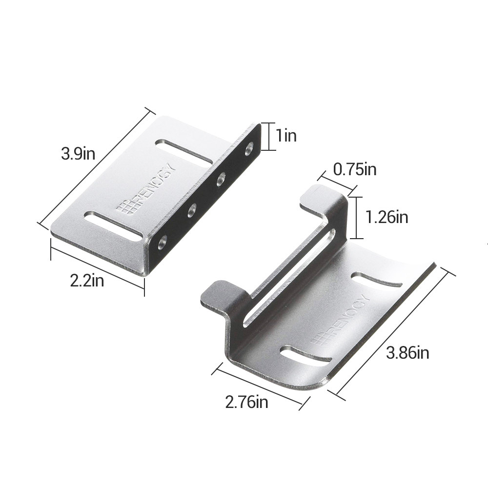 主图_02.jpg The Solar Panel Mounting Z Bracket set includes a flat bracket with four screw holes (3.9in x 2.2in x 1in) and a U-shaped bracket (3.86in x 2.76in x 1.26in, bar width: 0.75in).