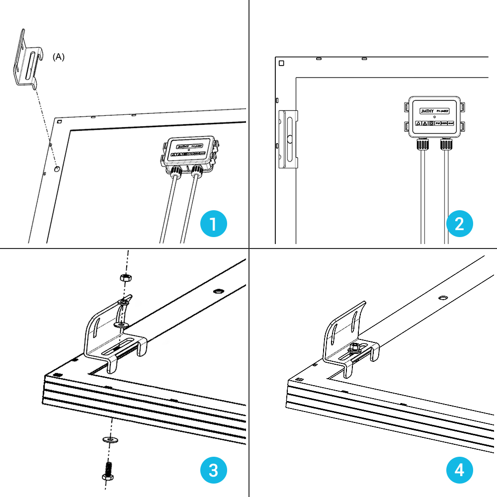 主图_03.jpg Illustration showing four steps to attach the Solar Panel Mounting Z Bracket – Set of 4. Step 1: Align hook. Step 2: Close-up of back panel. Step 3: Insert screw through bracket and panel. Step 4: Mounted bracket with hook securely fastened on panel edge.