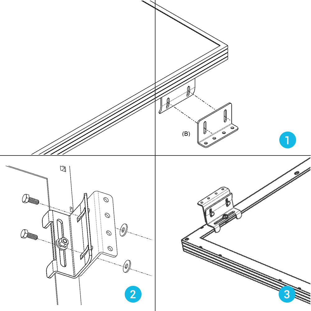 主图_04.jpg An illustration depicting a three-step process for installing the Solar Panel Mounting Z Bracket – Set of 4: Step 1: Align Z Bracket with pre-drilled holes. Step 2: Secure using screws and washers. Step 3: Attach the frame to the installed bracket.