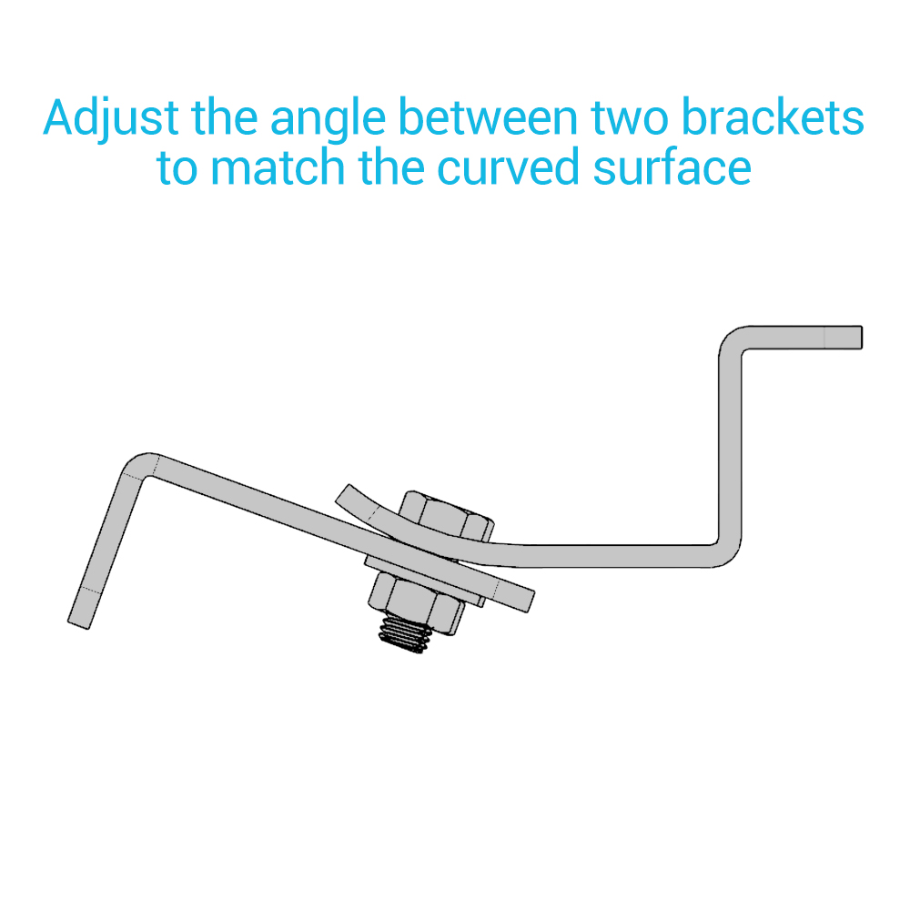 主图_05.jpg A depiction of two brackets joined by a bolt and nut, with one bracket curved. Text above reads, Adjust the angle between Solar Panel Mounting Z Brackets to fit the curved surface.