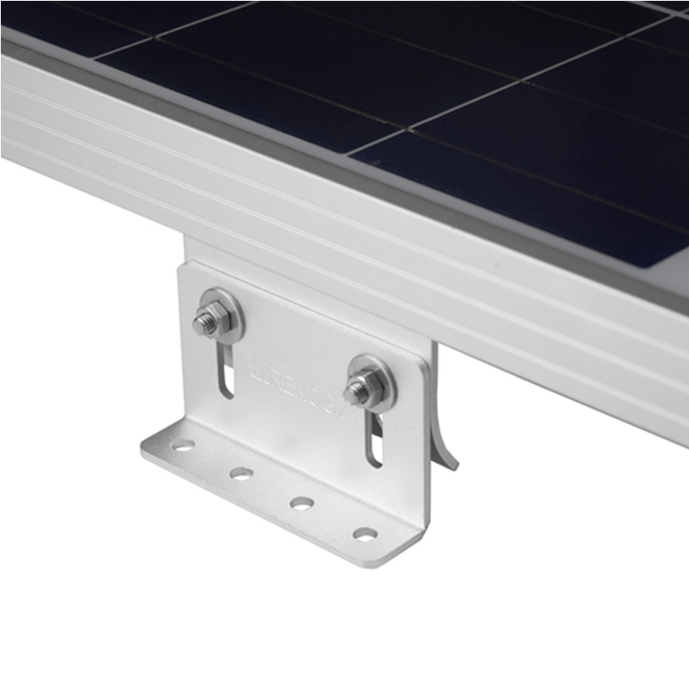 主图_06.jpg Close-up of a solar panel on the Solar Panel Mounting Z Bracket – Set of 4, secured with screws. The bracket supports the bottom edge, highlighting its structural role against a plain white background.
