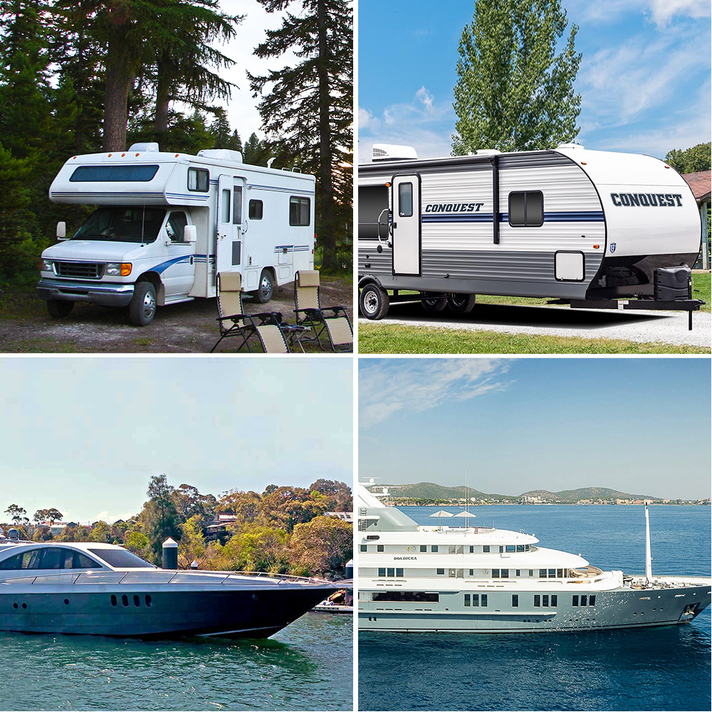 主图_07.jpg A collage of four images: Solar Panel Mounting Z Bracket – Set of 4 on a motorhome in the woods, a trailer at a campsite, on a speedboat in a sunny lake, and by a luxury yacht near the shore.