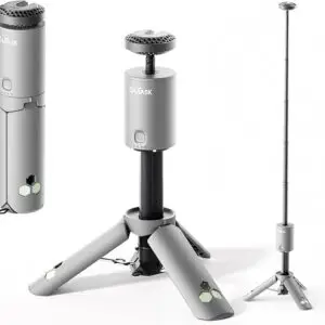 Collage of three images featuring the Outask Telescopic Lantern, a gray portable outdoor lamp with a cylindrical design and flat circular top light. It has collapsible segments and tripod legs, shown fully extended, partially extended, and folded.