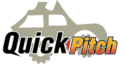 Logo containing the text Quick Pitch with a stylized outline of a truck or vehicle in the background. The word Quick is in black and Pitch is in an orange gradient.