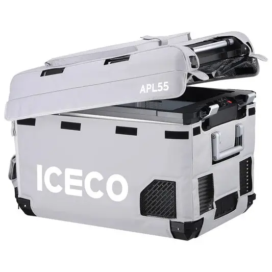 A gray ICECO APL55 portable cooler with an open lid, revealing the interior. It features side handles for easy transport and a sleek design suitable for outdoor use.