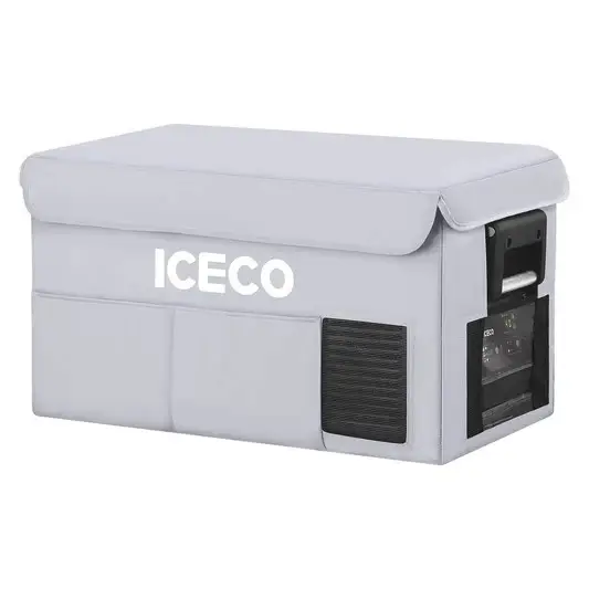 A large gray cooler with the brand name ICECO on the side. It has a rectangular shape with a lid and features a display panel and vent on one side.