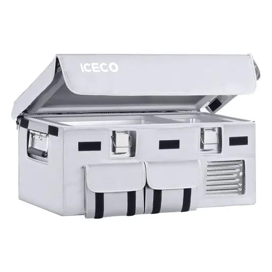 A portable, gray ICECO cooler with a top lid open, revealing multiple compartments. It features two front pockets with black straps and a vented side panel.