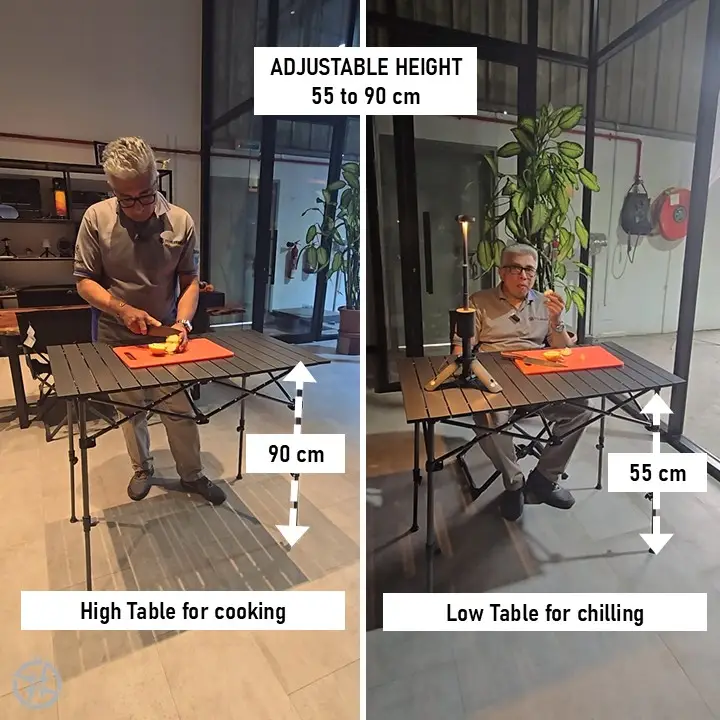 IMG-20250403-WA0047 A split image shows a person using the Camping Hi-Table at two heights. Left: Adjusted to 90 cm for cooking. Right: Lowered to 55 cm for relaxing. Both scenes include a potted plant and a glass door in the background.