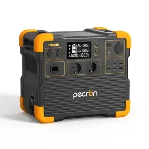 The E2400 LFP is a portable 2000W power station for UAE with multiple outlets, digital display, control buttons, and assorted charging ports. It comes in black with orange accents for versatile power supply.