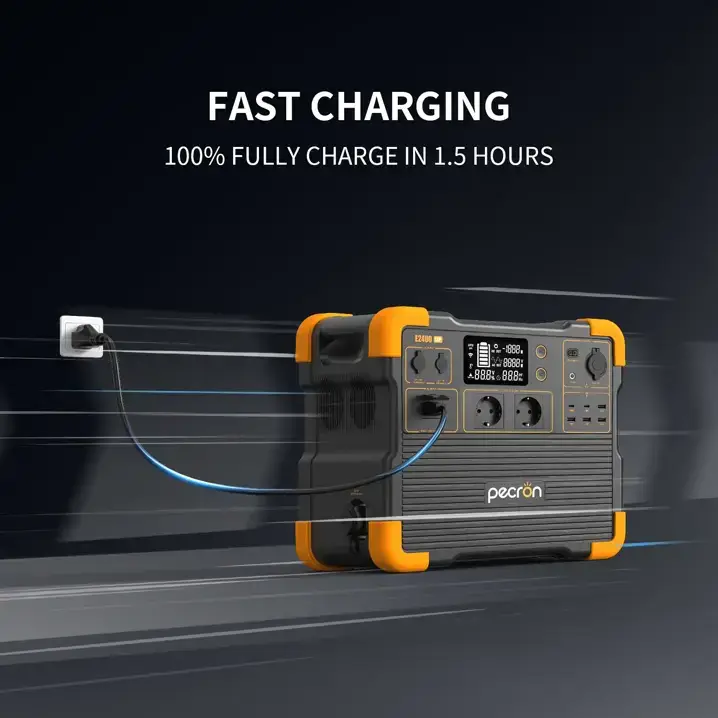 e2400LFP_2-718x718 The pecron E2400 LFP, a 2000W portable power station with orange accents, is plugged in and fast charging—100% fully charged in 1.5 hours. Ideal for UAE use.
