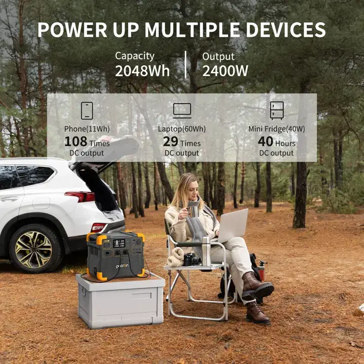e2400LFP_4-718x718 A woman relaxes outdoors by her SUV and the E2400 LFP 2000W portable power station UAE, using her laptop and sipping coffee. Device charging stats appear above, with pine trees providing a perfect camping backdrop.