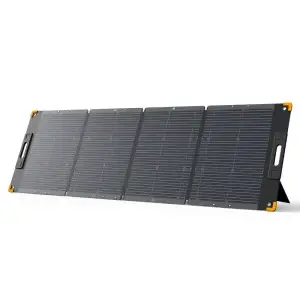 The 300W Portable Solar Panel is a foldable unit with four black rectangular panels, orange corner accents, and handles at each end. It's propped up at an angle for easy solar charging.
