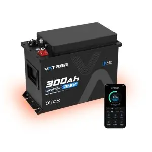 A black 300Ah LiFePo4 Compact battery is shown with a smartphone app displaying battery status, showing 52% charge remaining.