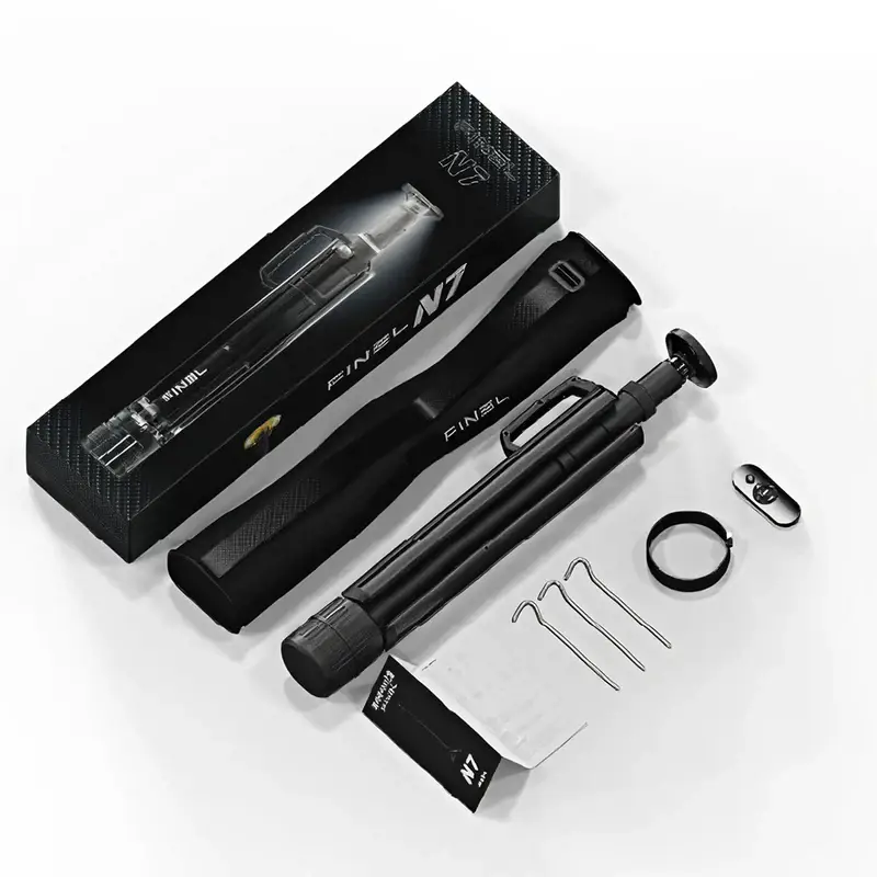 Group_1171275133 Finel N7 tripod kit shown with carrying case, remote control, phone holder, user manual, 3 small metal rods, black ring (for camping light shades), and product box—all displayed on a white background.