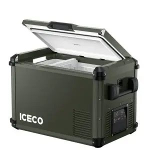 A green ICECO portable electric cooler with a hinged lid open, revealing interior storage compartments. The cooler has handles on the side and a control panel on the front.