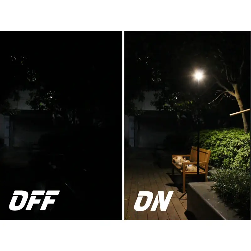 n7-on-and-off_4c94d017-9556-426f-815a-a469c494abb1 Split image of a dim outdoor area at night with a bench and plants. Left side labeled OFF is dark; right side labeled ON glows brightly, illuminated by the Finel N7 Camping Light shade for romantic camping, revealing the bench and greenery.