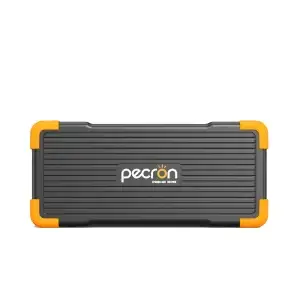 A rectangular black storage case with horizontal ridges, orange corner protectors, and a pecron logo in the center.